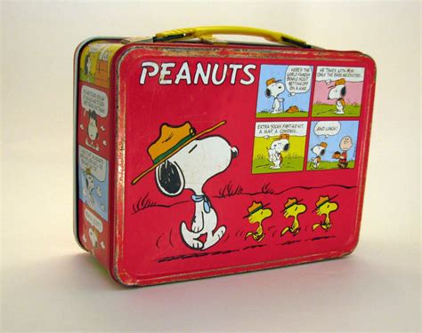 vintage peanuts metal lunch box yellow red|snoopy lunch box 1968.